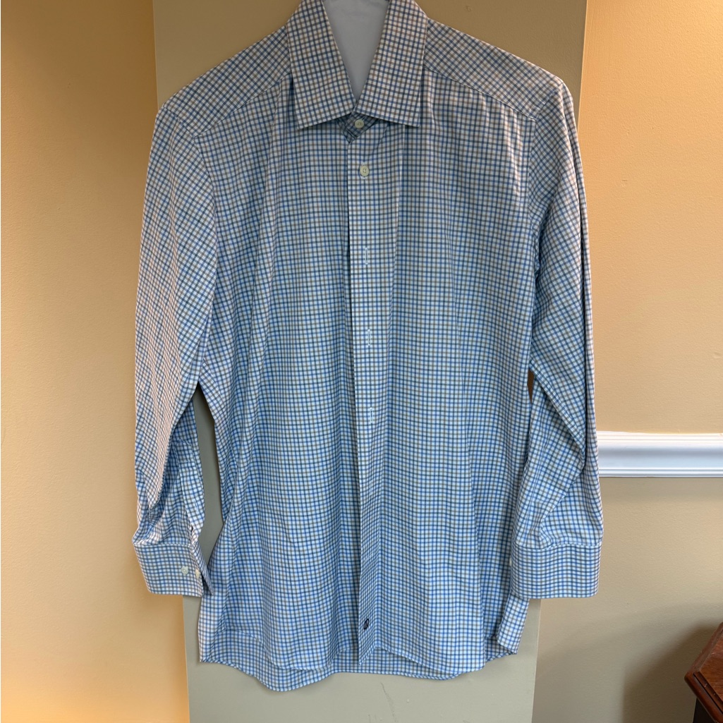 David Donahue Blue And White MicroCheck Dress Shirt